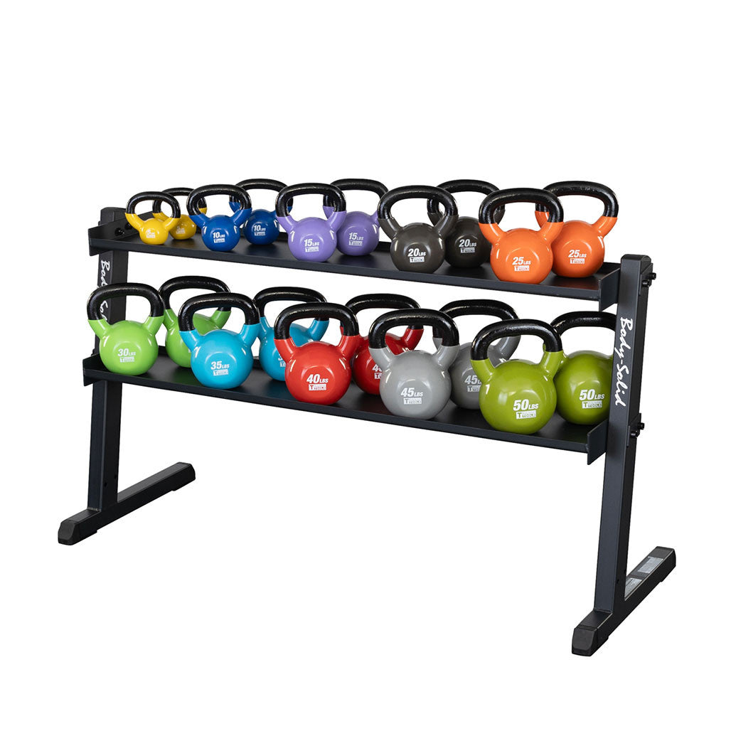 GKR60 kettlebell rack loaded with Body-Solid kettlebells across both tiers