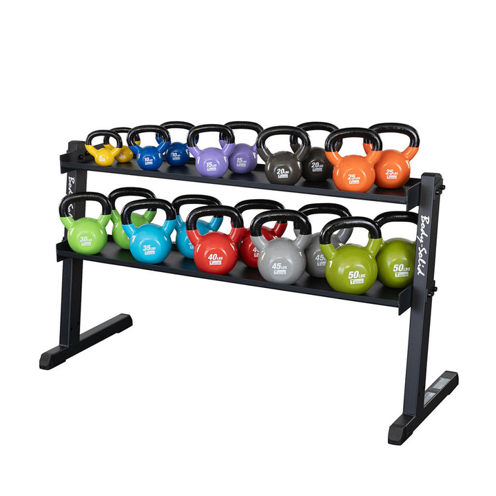GKR60 kettlebell rack loaded with Body-Solid kettlebells across both tiers