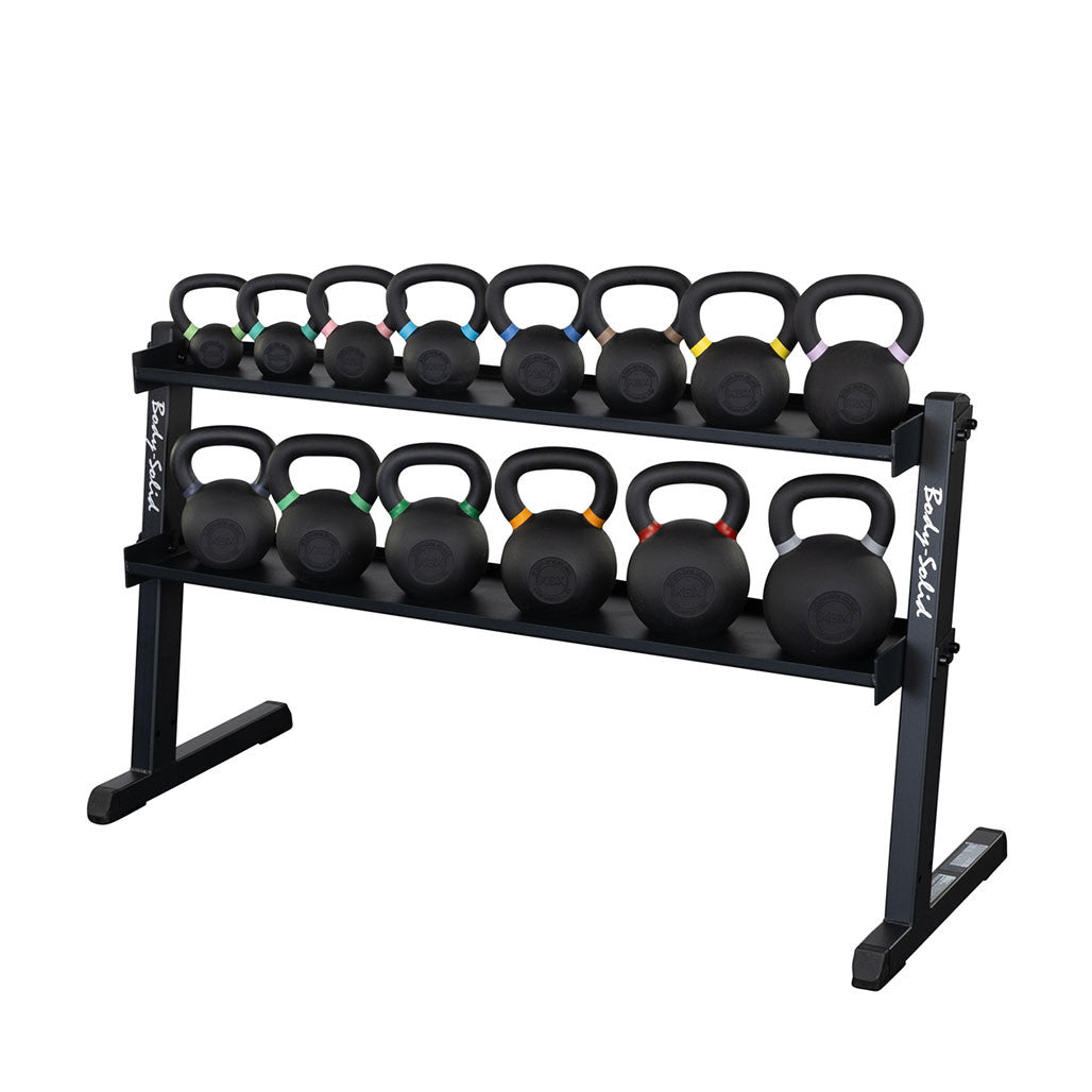 GKR60 kettlebell rack angled view showing the depth of both 56 inch trays