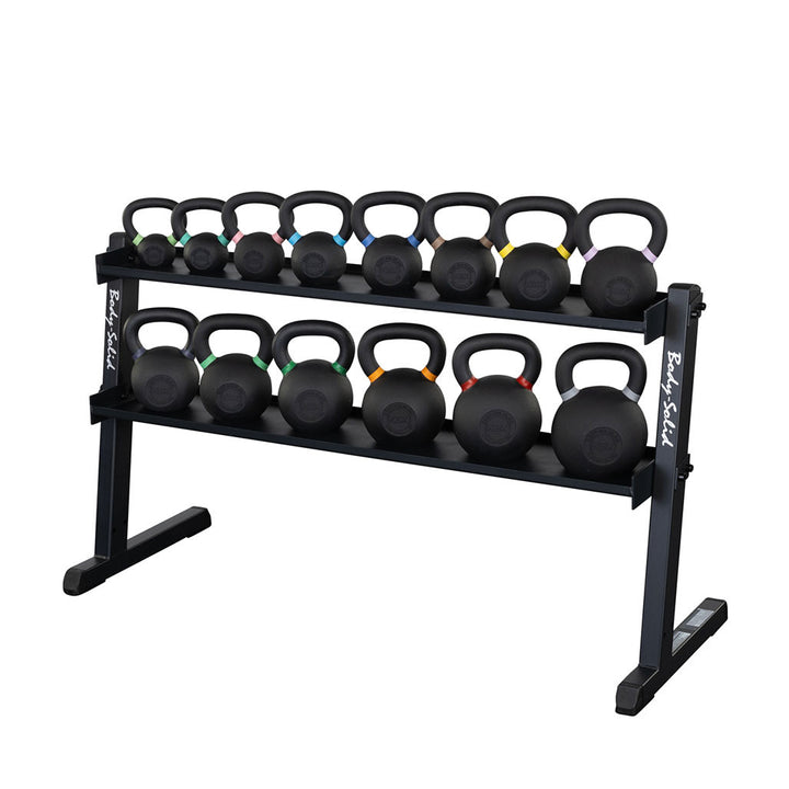 GKR60 kettlebell rack angled view showing the depth of both 56 inch trays