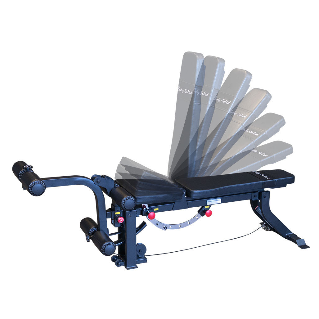 Body-Solid GLEG bench composite showing the flat, incline and decline positions