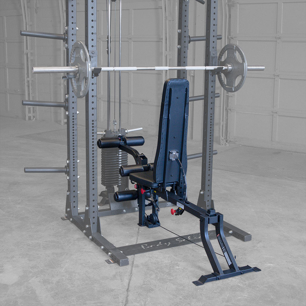Body-Solid GLEG bench, close view of the cabled leg developer roller pads