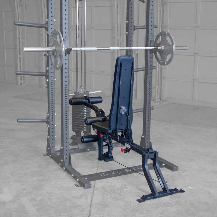 Body-Solid GLEG bench, close view of the cabled leg developer roller pads