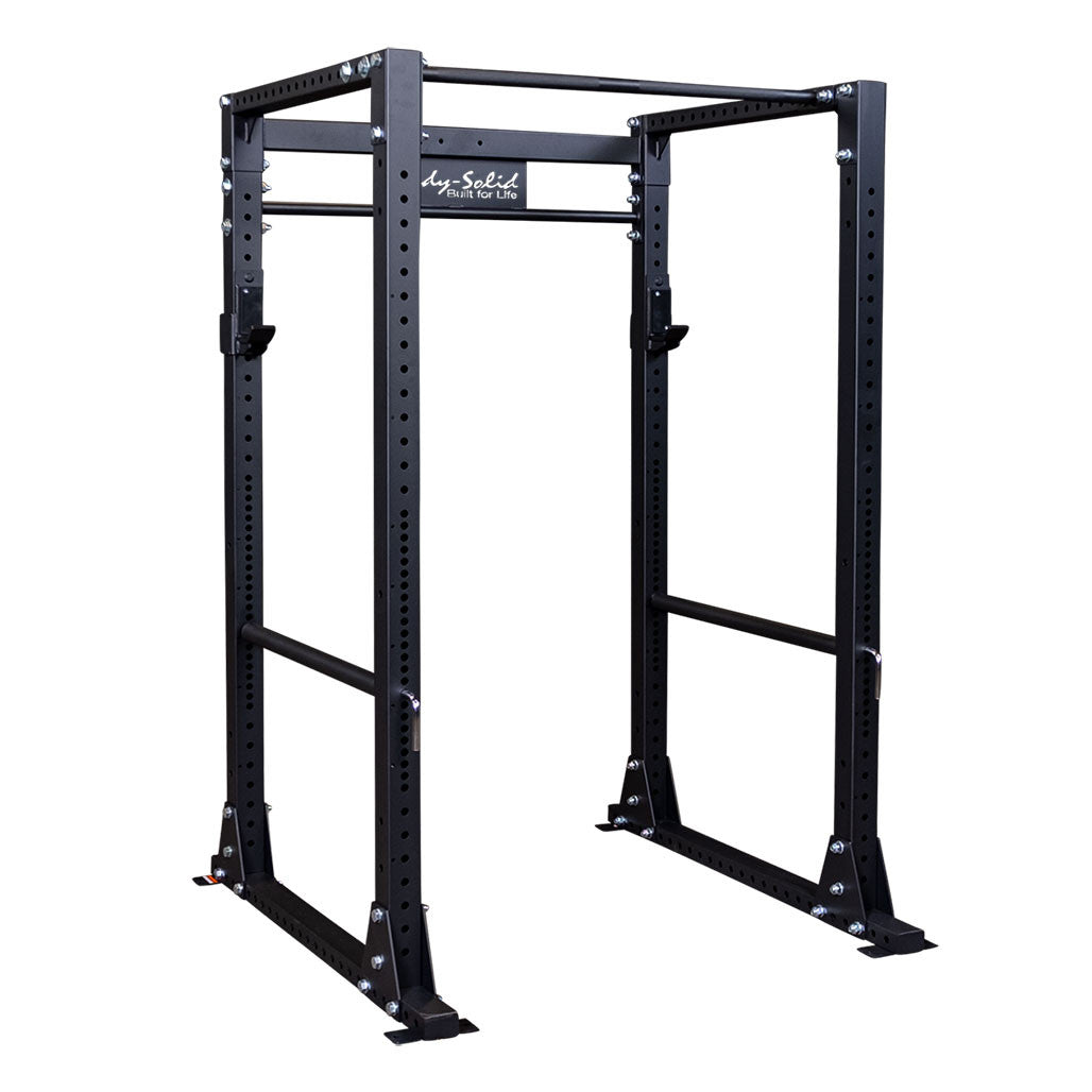 Body-Solid GPR400 power rack, bare cage on a white background, showing the 3 in. by 3 in. uprights, J cups and pipe safeties