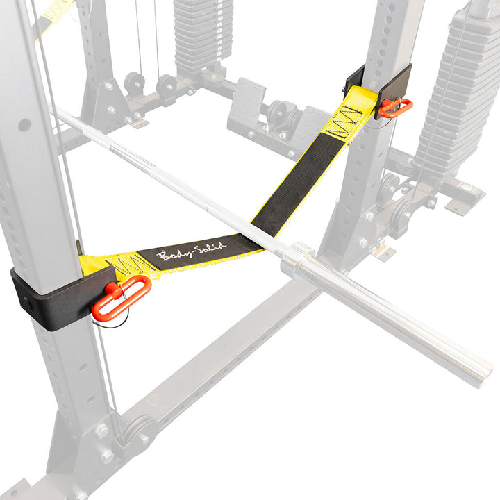 Body-Solid GPRSS strap safeties mounted in a power rack