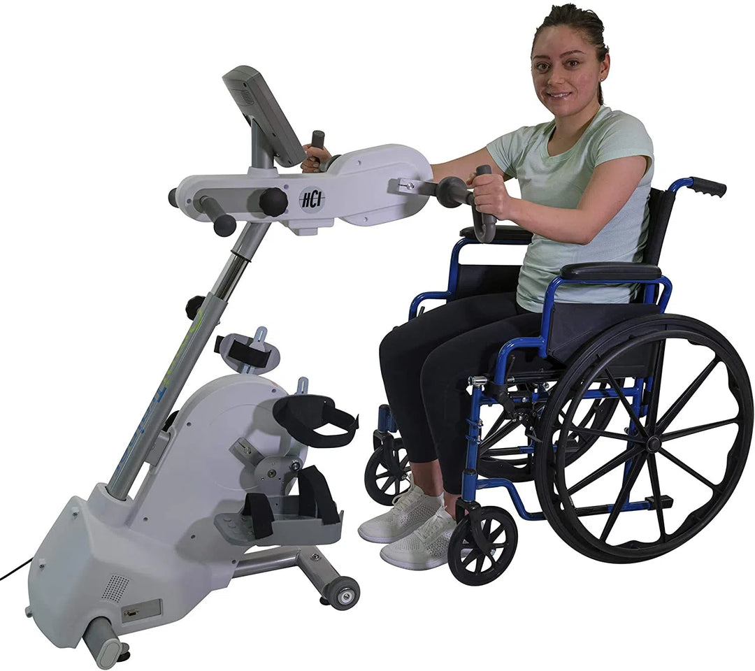 disabled woman training with HCI OmniTrainer Physical Therapy Hand Bike OT-1100