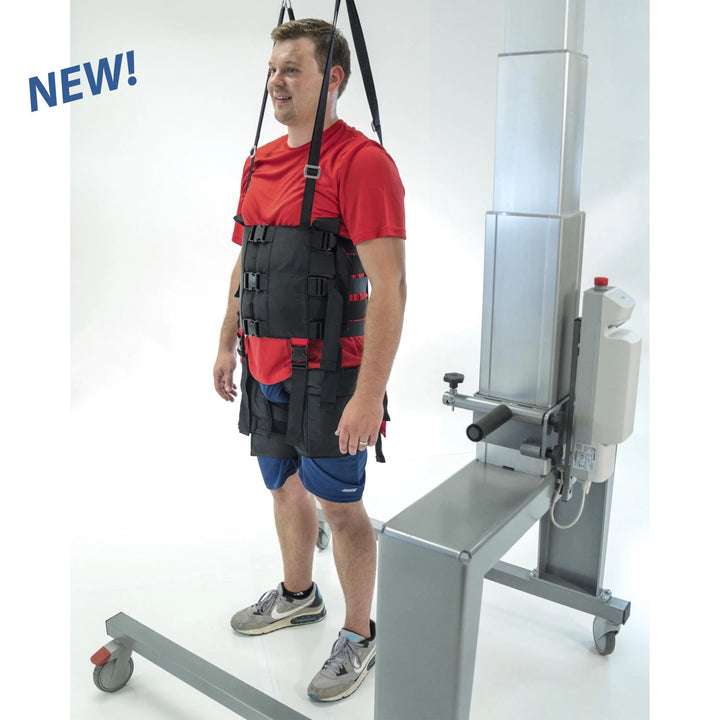 A man undergoing therapy training on the HCI PhysioGait Anti-Gravity Gait Trainer for Treadmills PG-360-PG-360XL