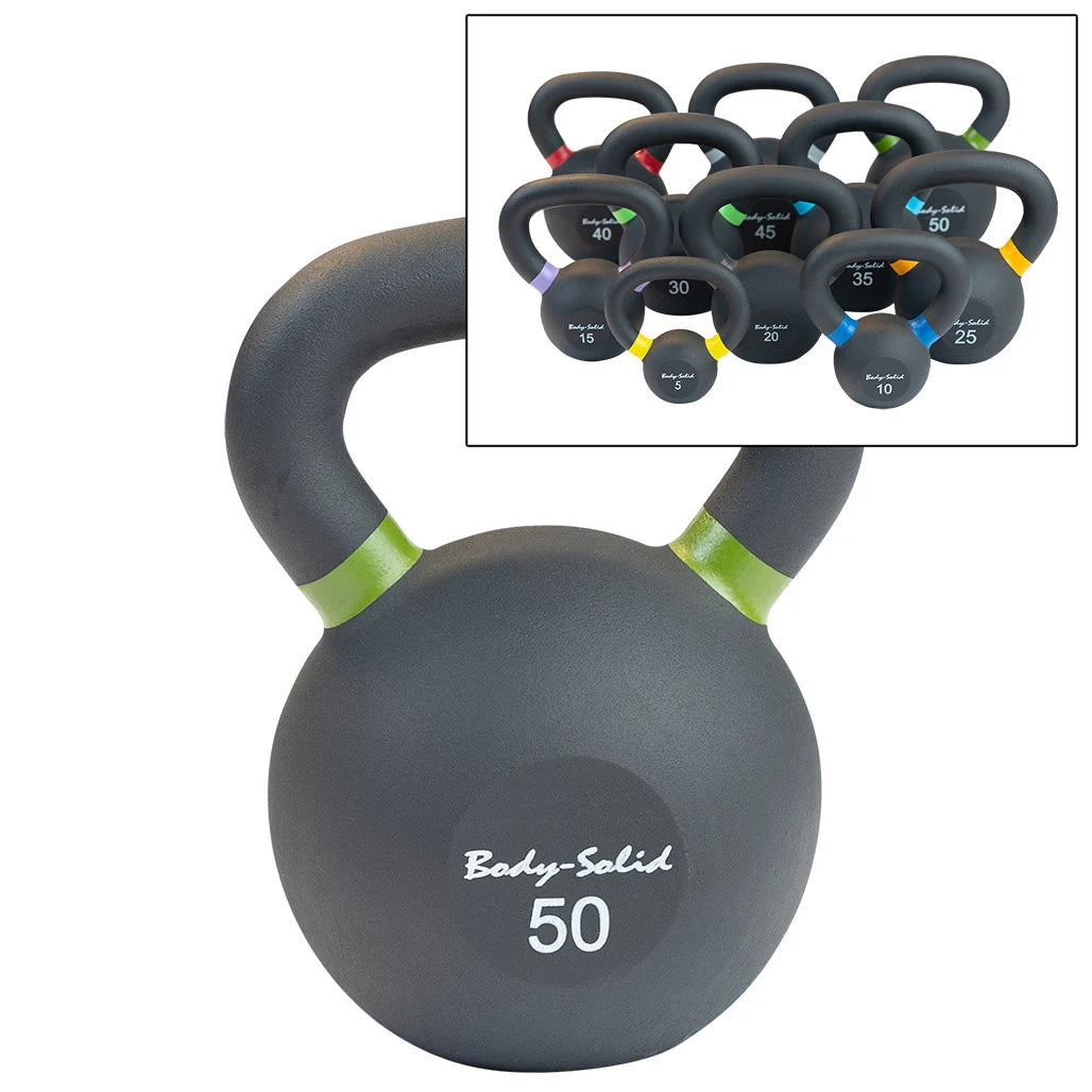 Body-Solid KBR powder coated cast iron kettlebells shown together, matte black finish with the weight cast into the side of each bell
