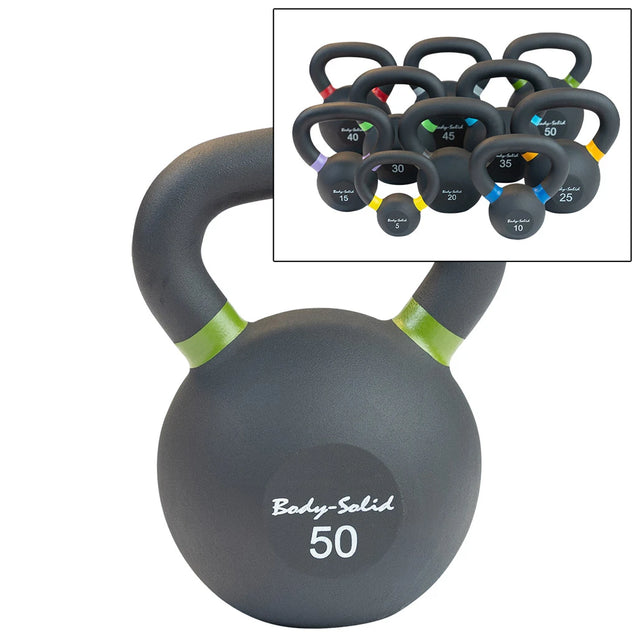 Body-Solid KBR powder coated cast iron kettlebells shown together, matte black finish with the weight cast into the side of each bell