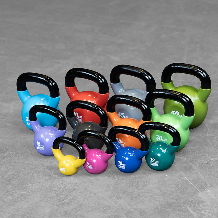 Body-Solid KBVS295 vinyl kettlebell set, all twelve color coded bells from 5 to 50 lb.