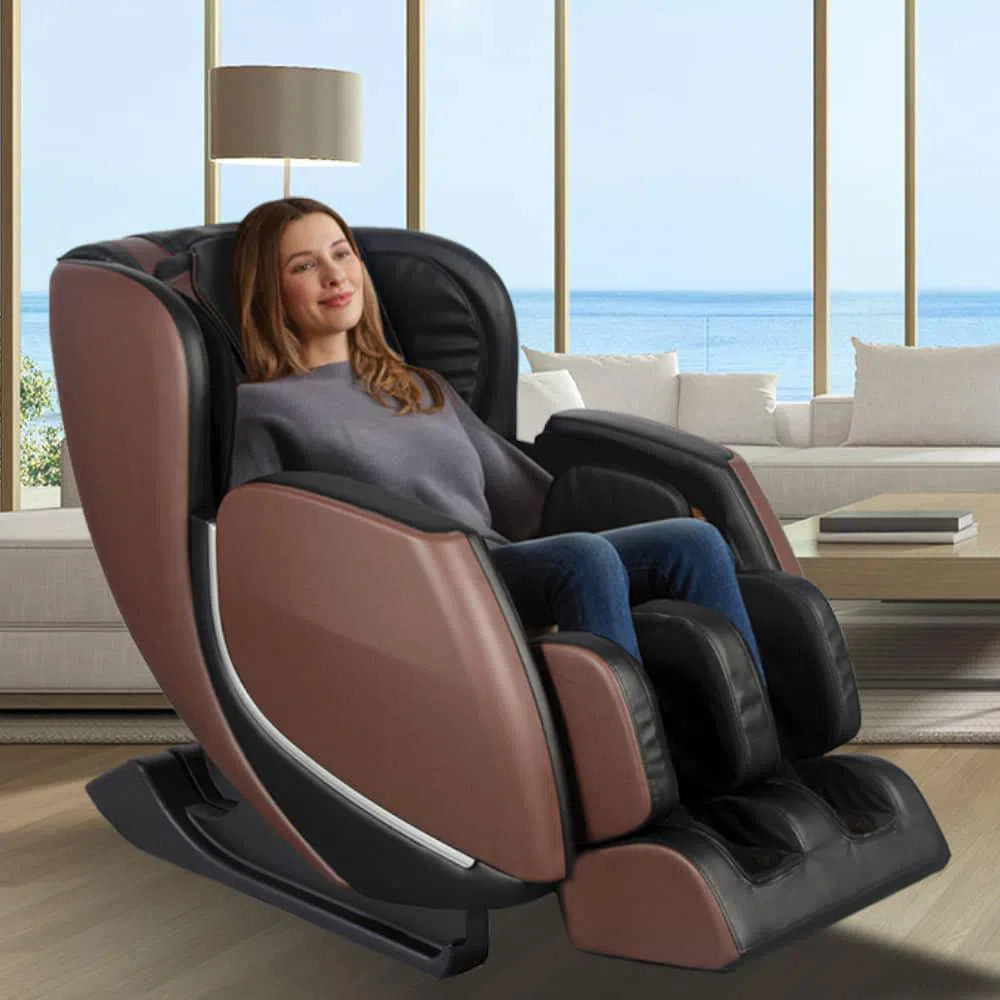 A woman relaxing in the Kofuko Full Body Massage Chair E330 brown variant 