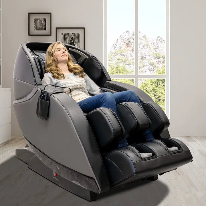 A woman relaxing in the Kansha Full Body Massage Chair M878 black variant 