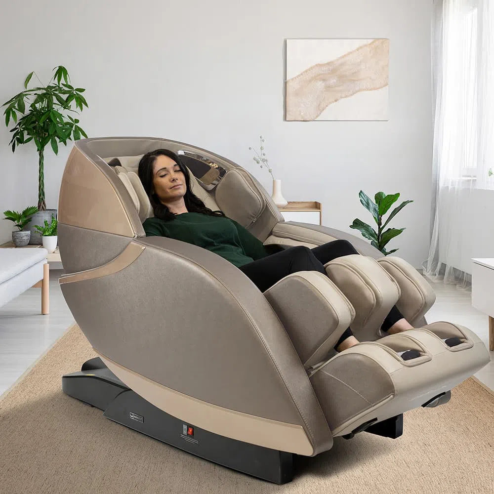 A woman relaxing in the Kansha Full Body Massage Chair M878 gold/tan variant