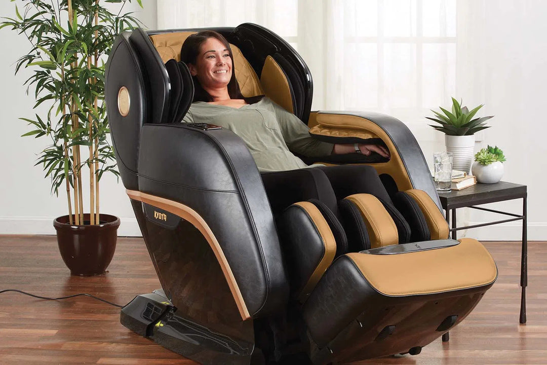 A woman relaxing in the Kokoro 4D Full Body Massage Chair M888 brown variant 