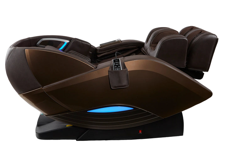 Yutaka 4D Full Body Massage Chair M898 brown variant in a reclined position with the side pocket for the remote