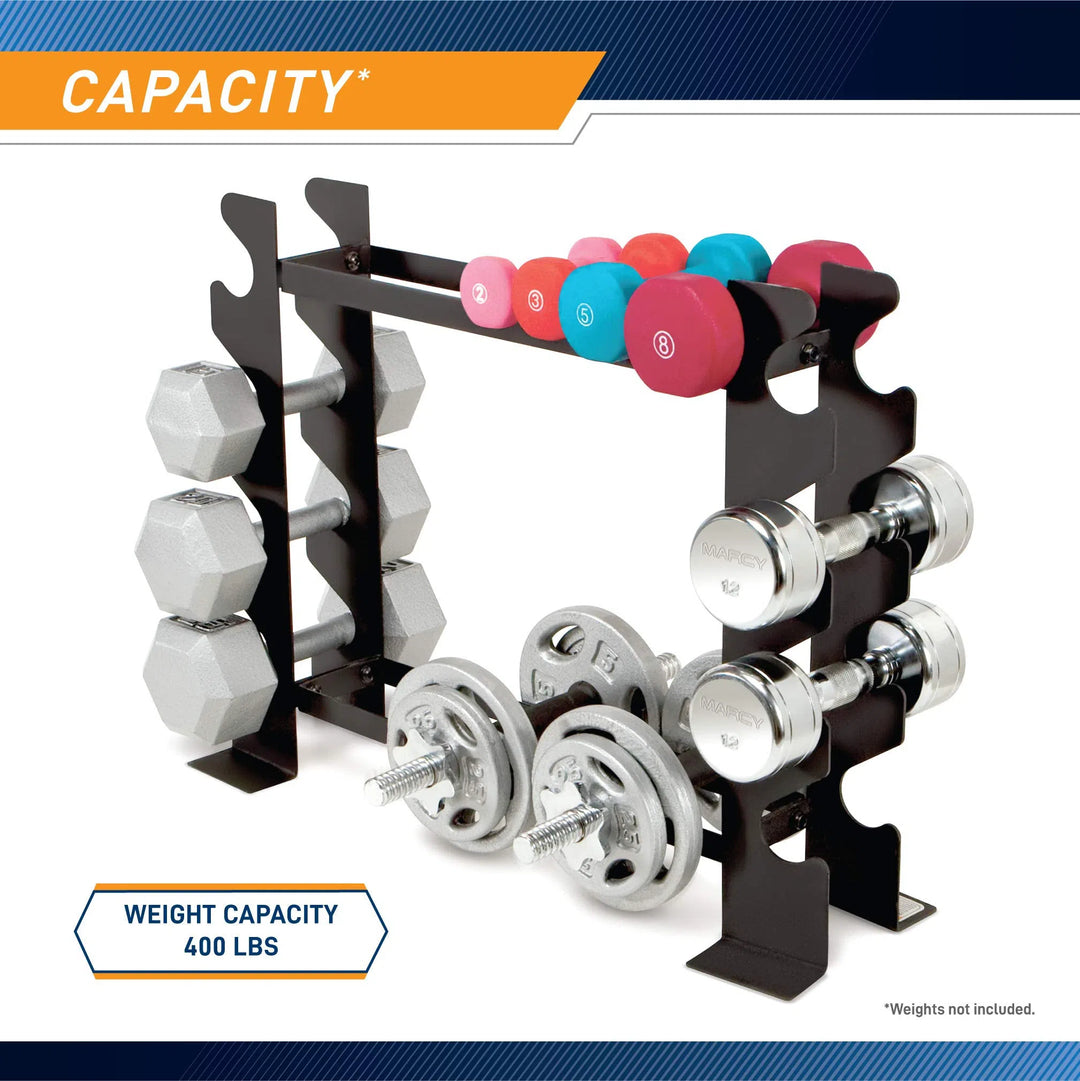 The Marcy Weight Storage Organizer Rack is a compact, multi-level rack that stores colorful hexagonal and round dumbbells, plus weight plates. Its sleek black design is crafted from sturdy steel with a 400 lbs weight capacity label.