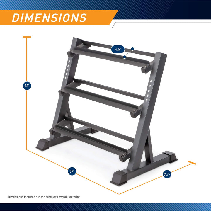 The Marcy Weight Storage Organizer Rack for Dumbbells features a gray, three-tier steel design, measuring 33 H x 37 W x 24.75 D, with a 4.5 tier gap. Blue and orange accents highlight its multi-level storage by Marcy.