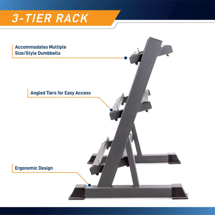 Side view of the Marcy Weight Storage Organizer Racks for Dumbbells showcases its sturdy steel, 3-tier design. Features include angled tiers for easy access and ergonomic construction. A label on an orange and blue background reads Accommodates Multiple Size/Style Dumbbells and 3-Tier Rack.