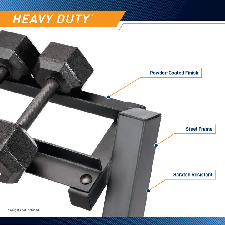 Close-up of a Marcy Weight Storage Organizer Rack for Dumbbells in black, featuring a sturdy steel frame and labels: Powder-Coated Finish, Steel Frame, and Scratch Resistant. Two dumbbells rest on the rack. Weights not included.