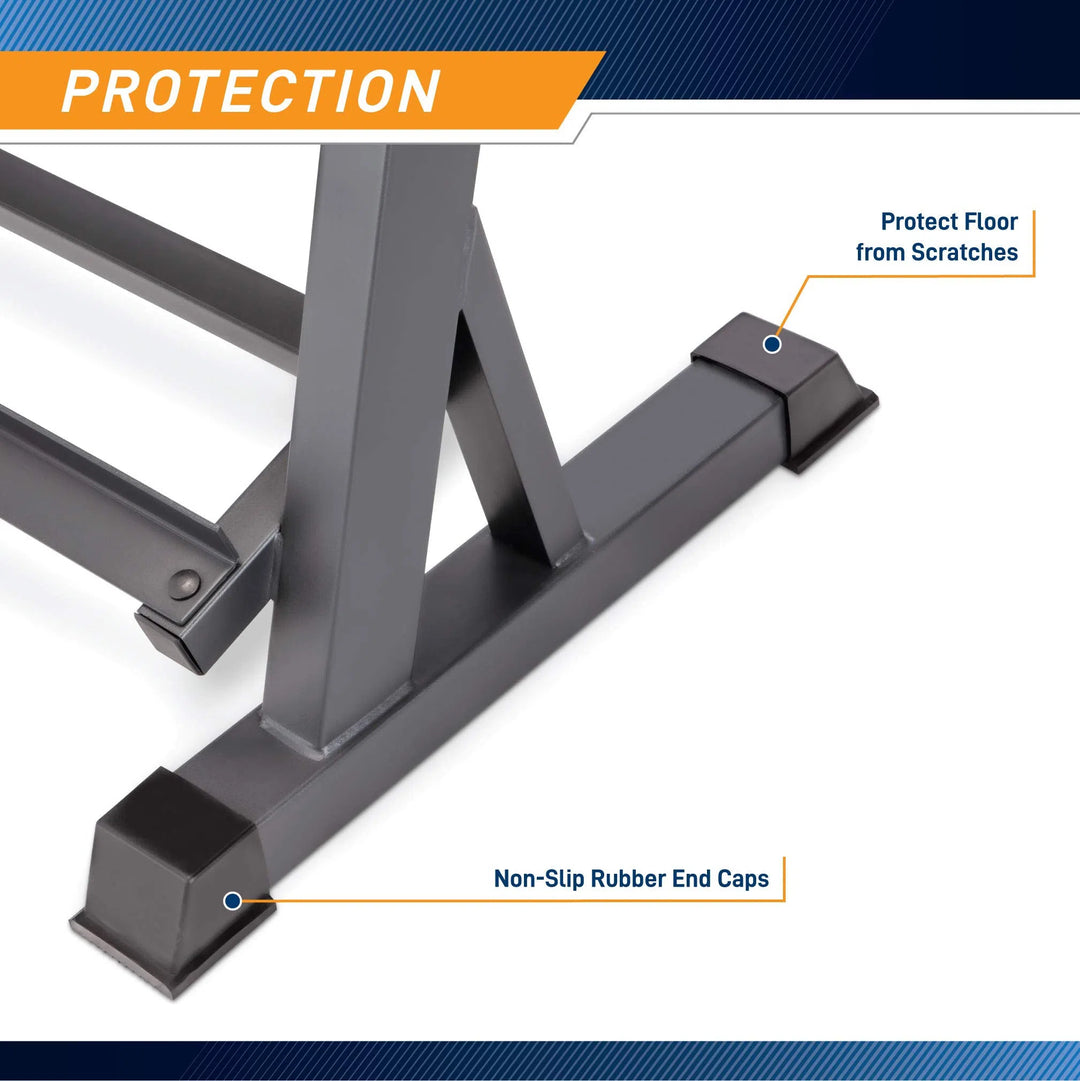 The Marcy Weight Storage Organizer Racks for Dumbbells features steel construction and non-slip rubber end caps, designed to Protect Floor from Scratches. The scene is framed by a PROTECTION header.