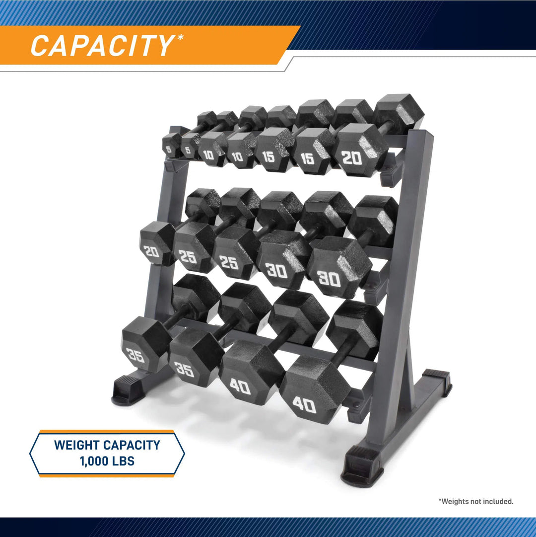 The Marcy Weight Storage Organizer Rack, made from black steel, provides three-tier storage for hex dumbbells ranging from 5 to 40 lbs. It features a label with a 1,000 lb weight capacity and an angled design for easy access.