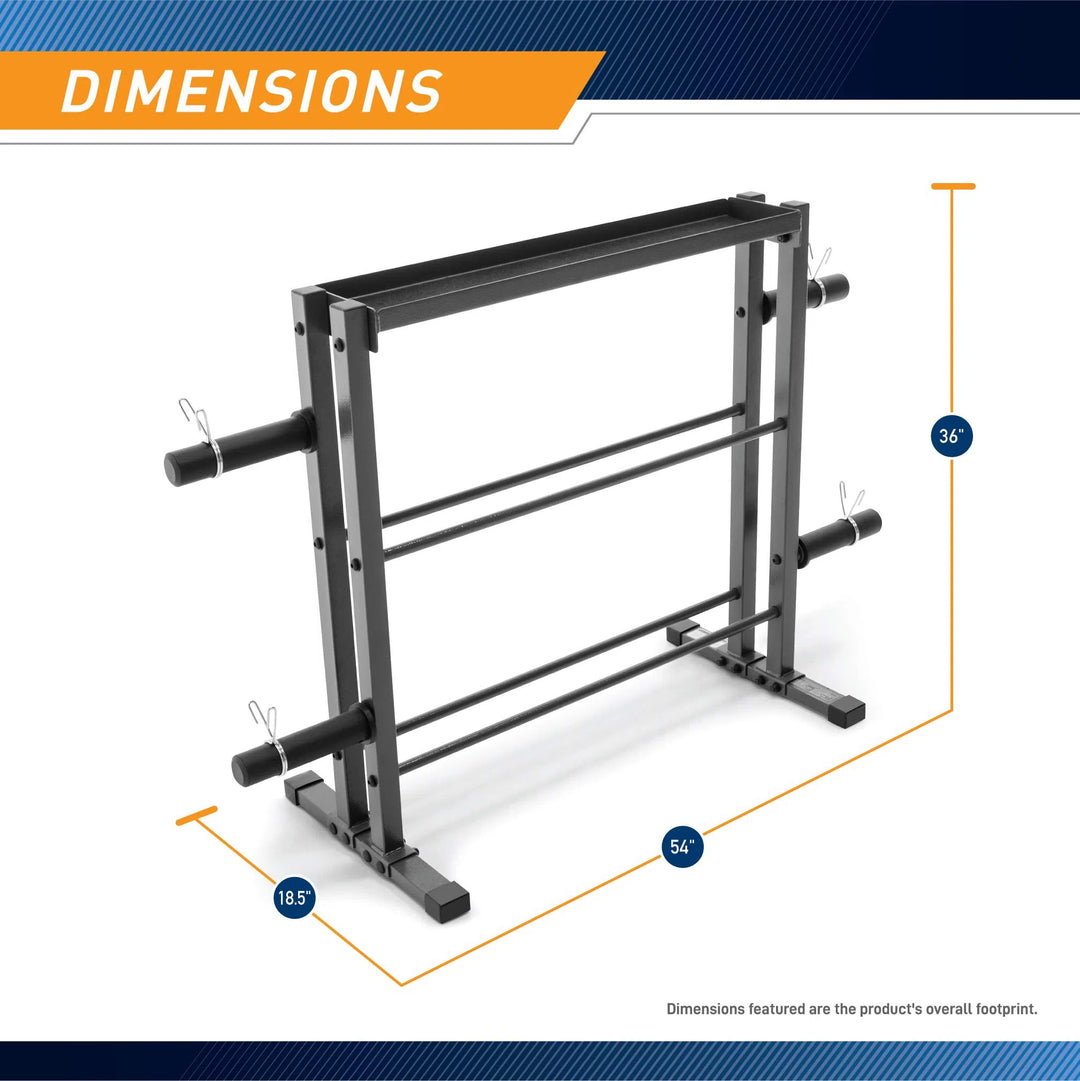 The image features the Marcy Weight Storage Organizer Rack for Dumbbells, a black steel stand with horizontal bars and multi-level storage for fitness weights. Its dimensions are 54 wide, 36 tall, and 18.5 deep, making it ideal as a dumbbell rack in any gym setup.