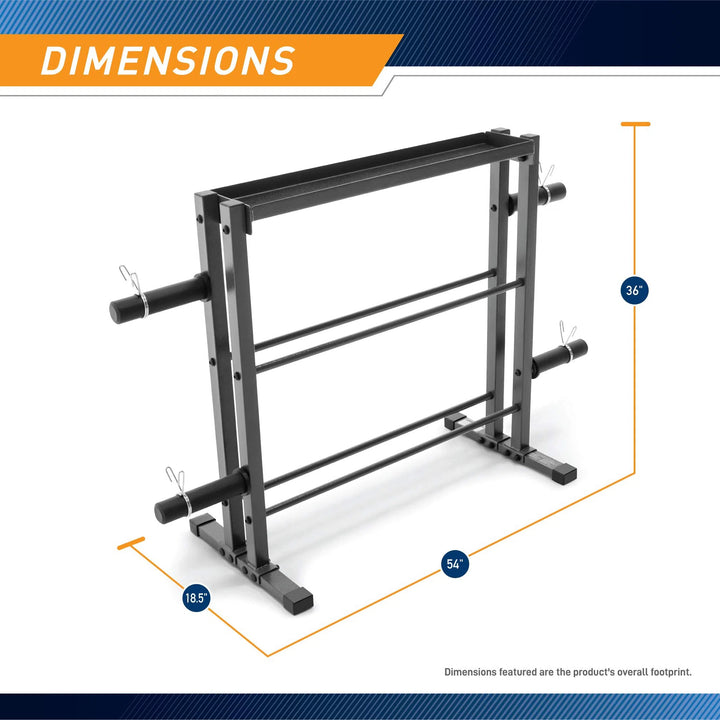 The image features the Marcy Weight Storage Organizer Rack for Dumbbells, a black steel stand with horizontal bars and multi-level storage for fitness weights. Its dimensions are 54 wide, 36 tall, and 18.5 deep, making it ideal as a dumbbell rack in any gym setup.