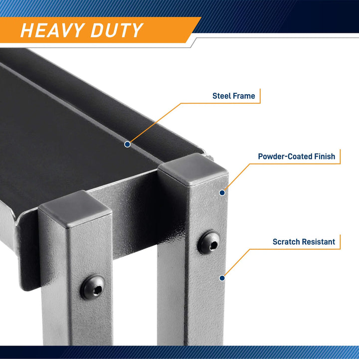 Close-up of Marcy Weight Storage Organizer Racks for Dumbbells, featuring Steel Frame, Powder-Coated Finish, and Scratch Resistant. The dark coating is highlighted by bold orange and blue text proclaiming Heavy Duty at the top. Ideal for robust steel construction applications.