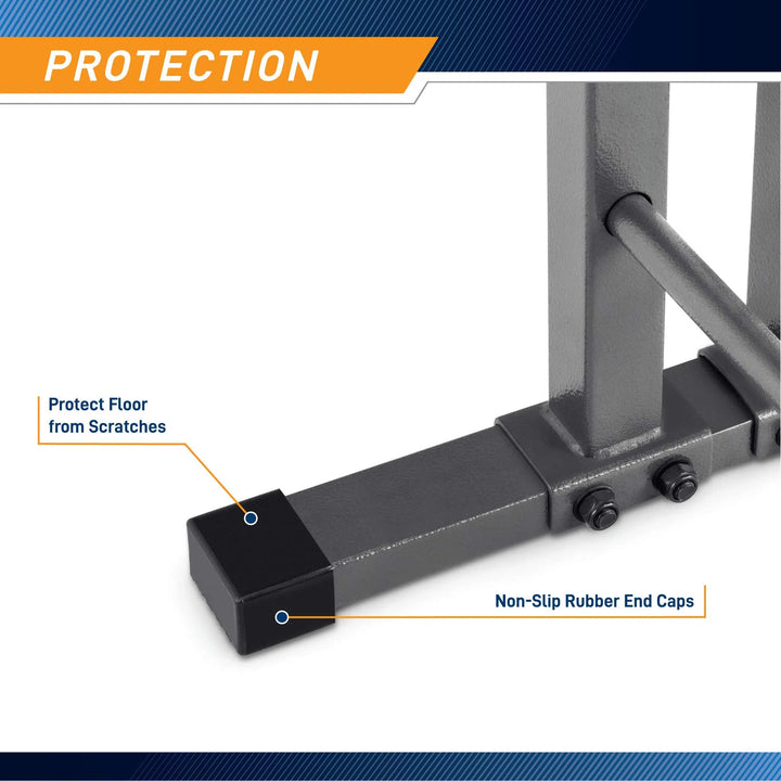 Close-up of the Marcy Weight Storage Organizer Racks base featuring a non-slip rubber end cap to protect floors from scratches. A Protection label is seen in the top left corner.