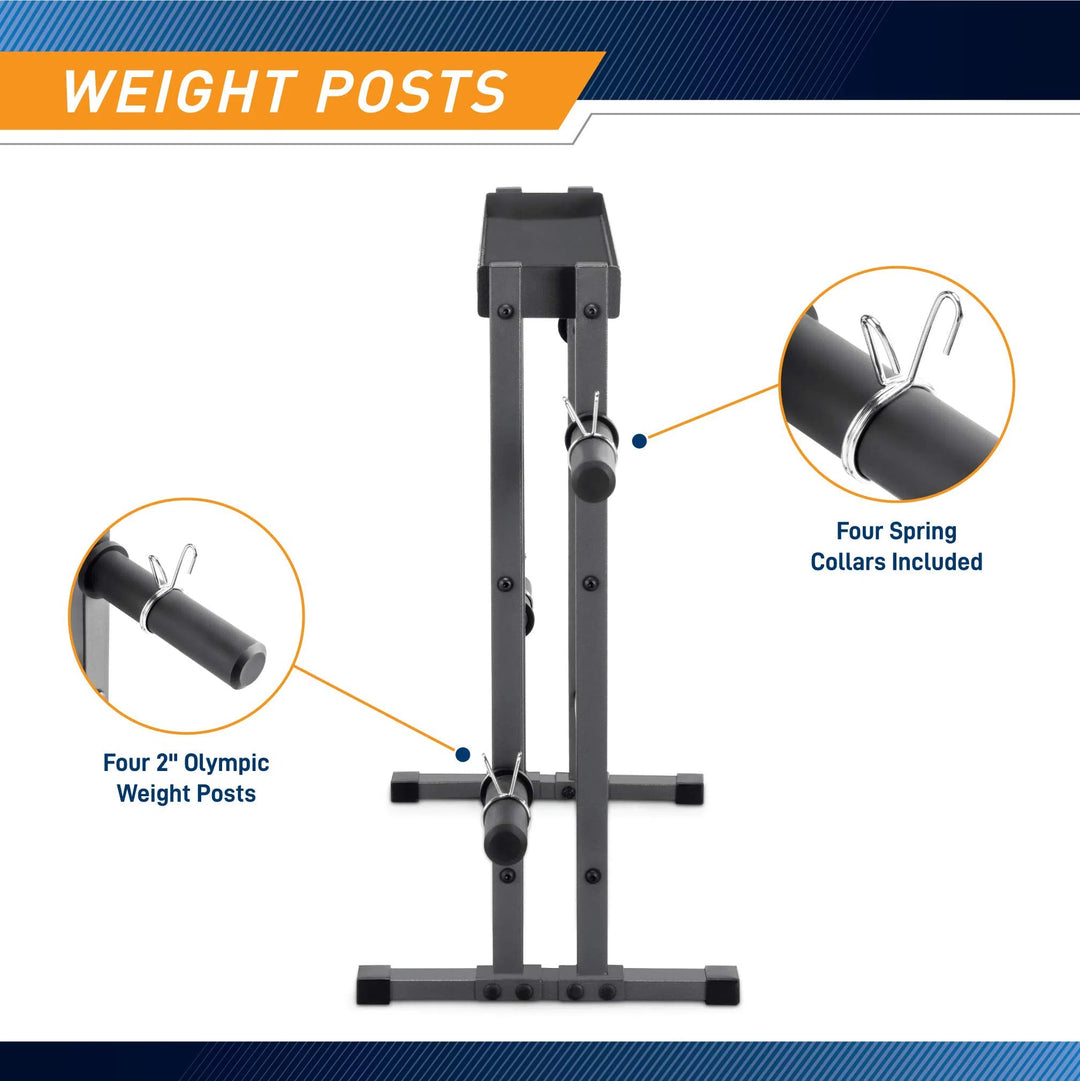 The image features the Marcy Weight Storage Organizer Rack with two vertical metal posts, a top bracket, and four 2-inch Olympic weight posts. It includes four spring collars and is a perfect addition to any dumbbell rack setup. The blue header reads Weight Posts. Brand: Marcy.