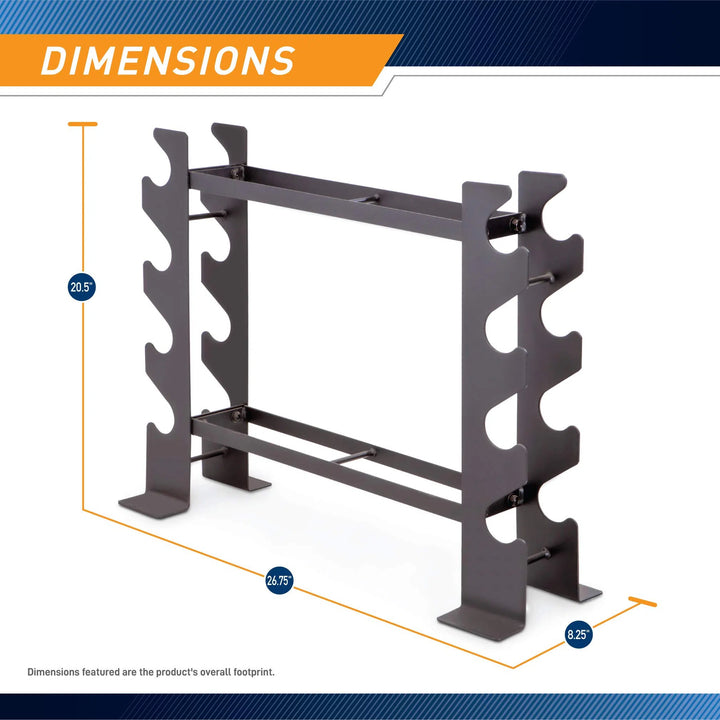 Introducing the Marcy Weight Storage Organizer Rack: a sleek metal stand from Marcy with a stylish cutout design, ideal for storing ten weights on multiple levels. Crafted from robust steel, it measures 20.5 high, 26.75 wide, and 8.25 deep, elegantly highlighted in blue and orange text.