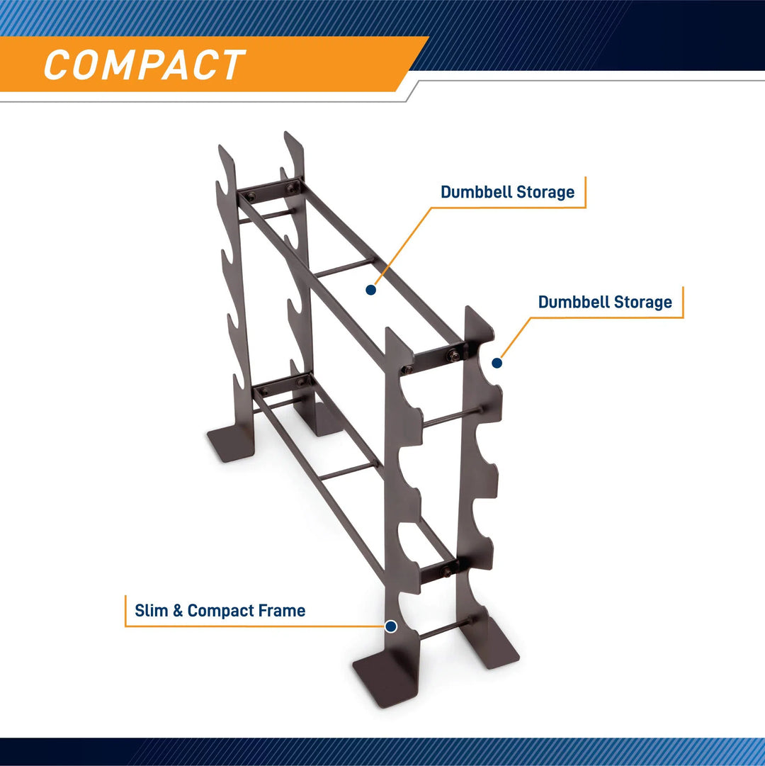 The Marcy Weight Storage Organizer Racks for Dumbbells is a compact, steel-constructed, multi-level solution with multiple slots for dumbbells. Labeled Dumbbell Storage and featuring COMPACT in a blue and orange design on the top left, this rack offers a slim profile.