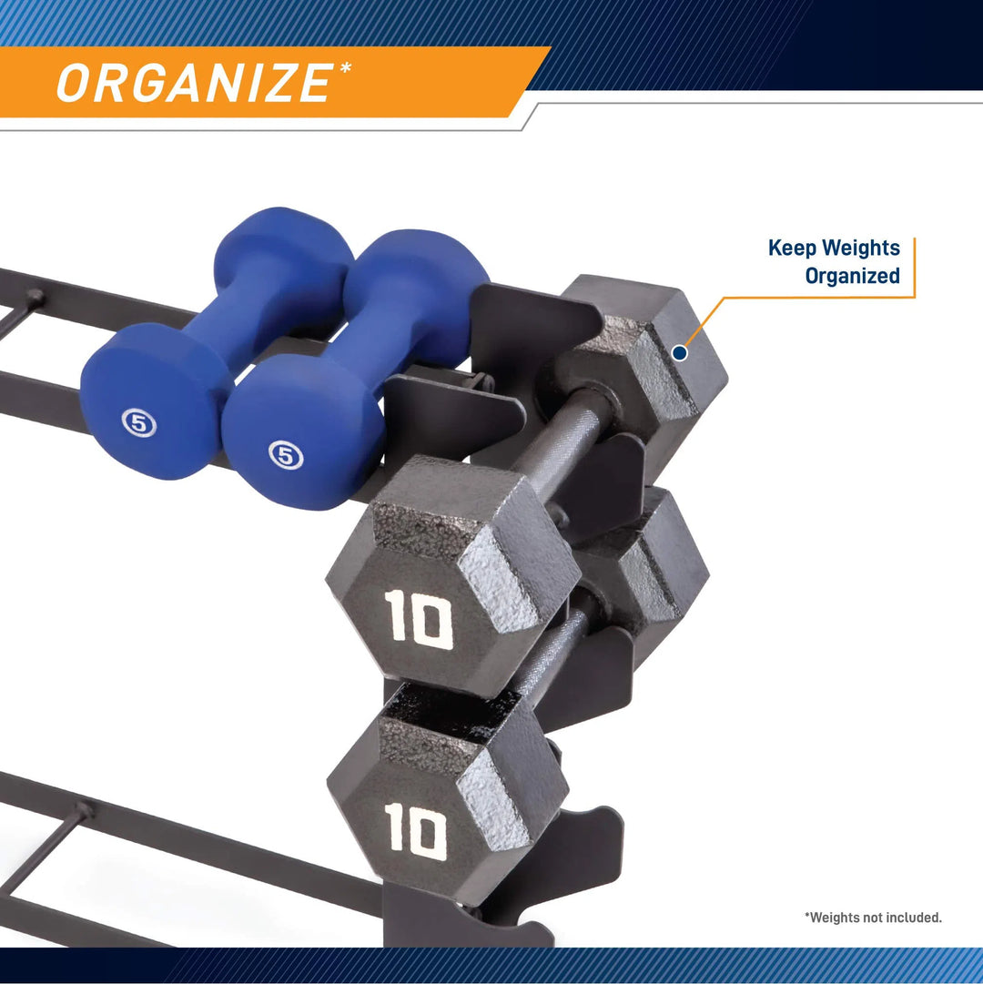 A close-up features the Marcy Weight Storage Organizer Racks for Dumbbells, with two blue 5-pound and four black 10-pound hexagonal weights. The image displays ORGANIZE* and Keep Weights Organized with multi-level storage.