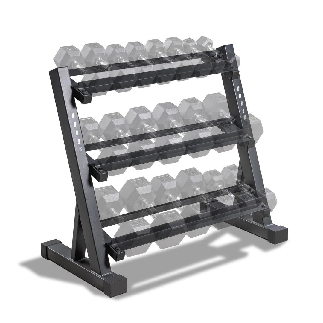 The Marcy Weight Storage Organizer Racks for Dumbbells, by Marcy, features a sleek black design crafted from durable steel. Its three-tier, multi-level system holds hex-shaped dumbbells in ascending order of weight and stands firmly on a flat surface with shadows against a white background.