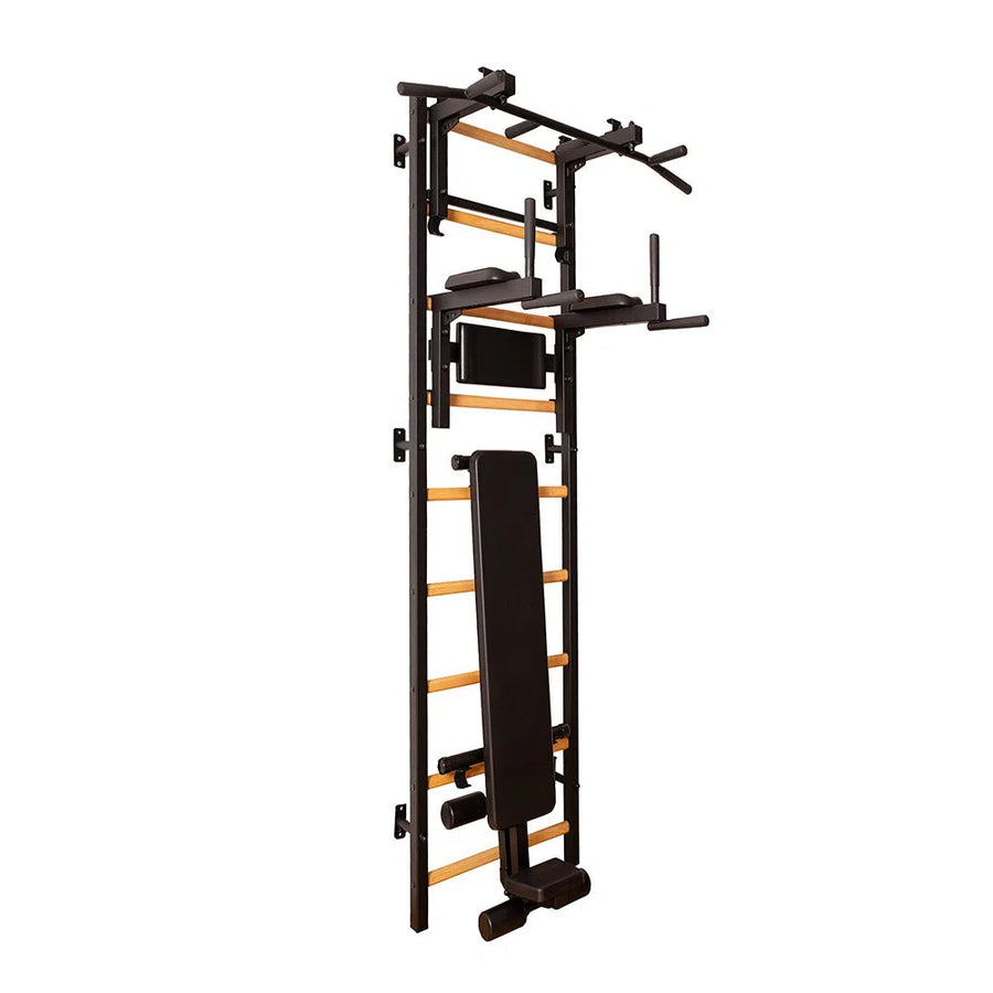 The BenchK Pro Gym Wall Bars w/ Bench, Dip & Flex Pull-Up Bar (733) by BenchK is multifunctional, featuring wooden rungs, black padded supports, and a versatile pull-up bar. Its adjustable components make it ideal for diverse routines.