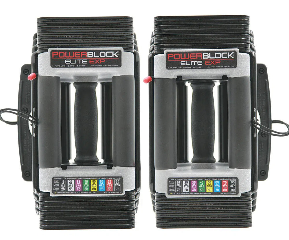 PowerBlock 90 lb Adjustable Dumbbell Set Elite EXP ELITE-EXP90 shown in a pair
