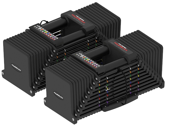 PowerBlock Commercial Pro dumbbell shown with the expansion weights installed at the 175 lb setting