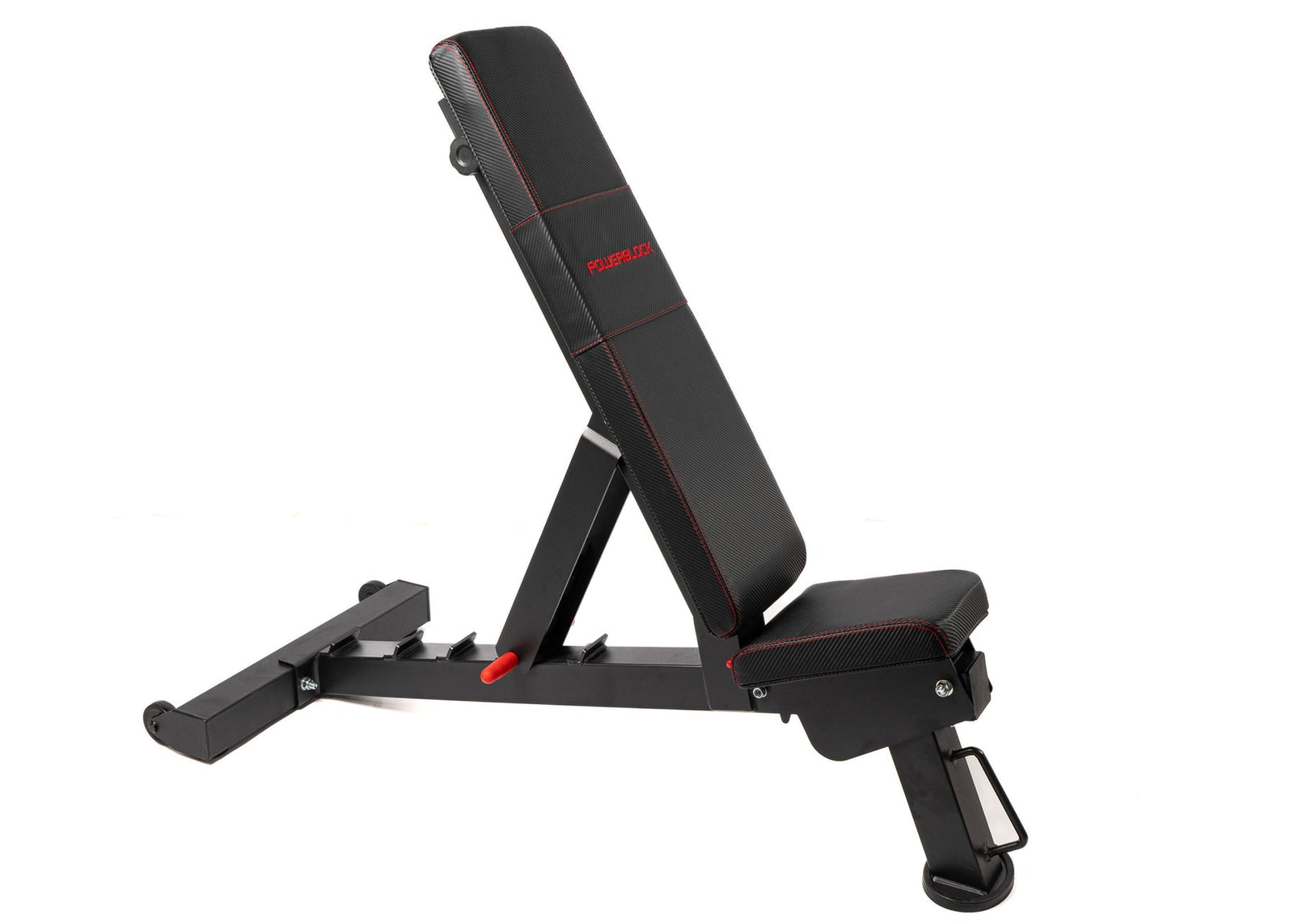 The PowerBlock POWERBENCH 2.0 Adjustable Weight Bench features a black cushioned seat and backrest with red stitching on a sturdy frame. It includes an adjustable seat pad and rear wheels for easy mobility.