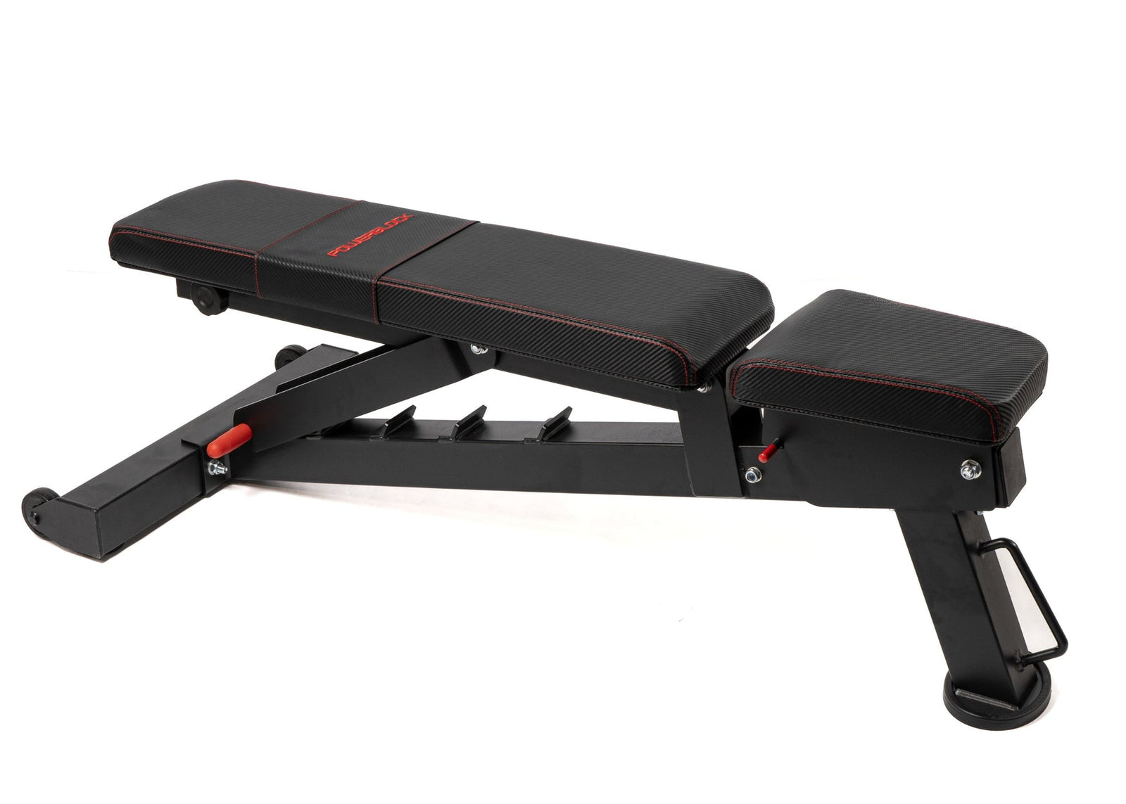 The PowerBlock POWERBENCH 2.0 Adjustable Weight Bench is a black bench with red stitching, a padded seat and backrest, and multiple adjustable levels on its robust metal frame. This commercial-grade bench by PowerBlock is set against a plain white background.