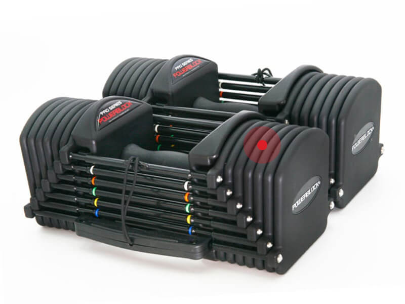 Urethane coated steel weight plates stacked inside the PowerBlock Commercial Pro 32