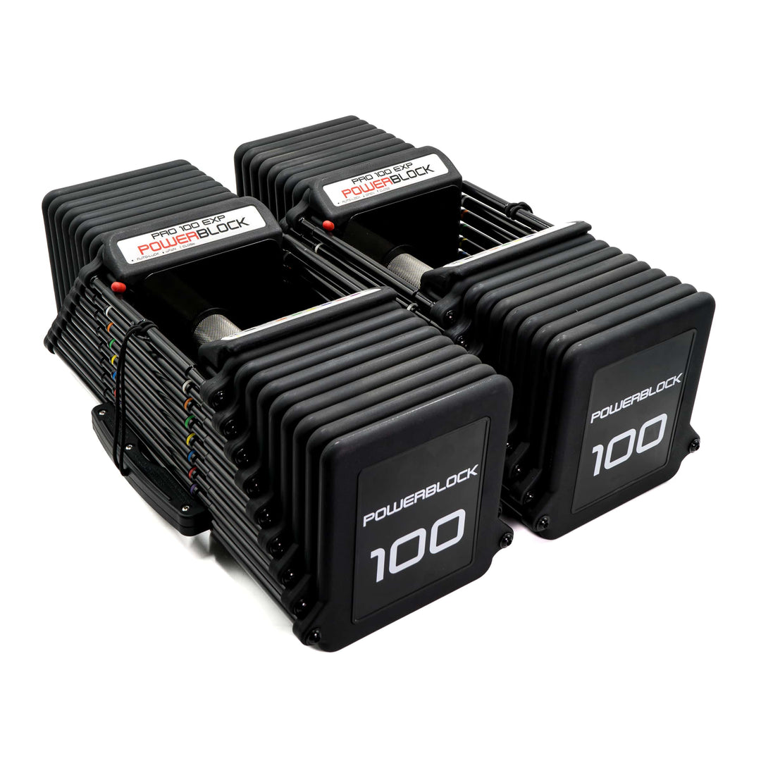PowerBlock Pro 100 EXP with knurled steel grip at the full 5 to 100 lb configuration