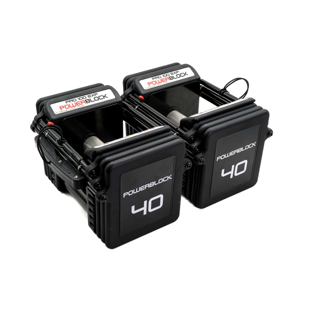 PowerBlock Pro 100 EXP with knurled steel grip at the 5 to 40 lb base configuration