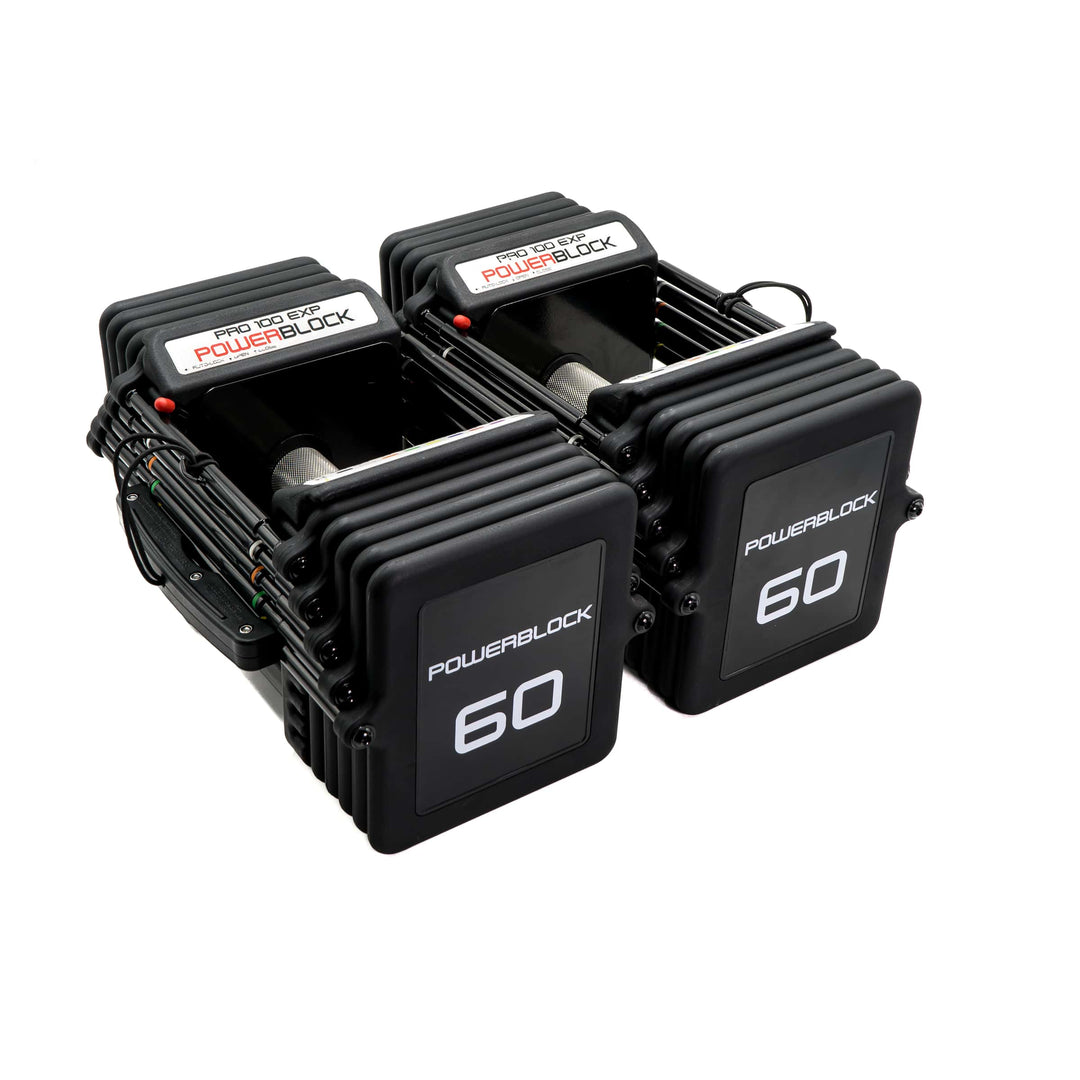 PowerBlock Pro 100 EXP with knurled steel grip at the 5 to 60 lb configuration