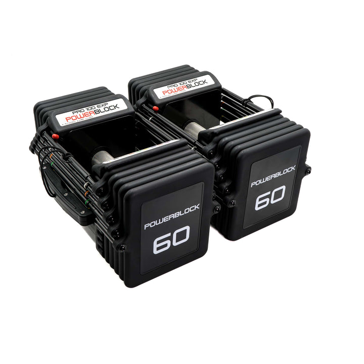 PowerBlock Pro 100 EXP with knurled steel grip at the 5 to 60 lb configuration