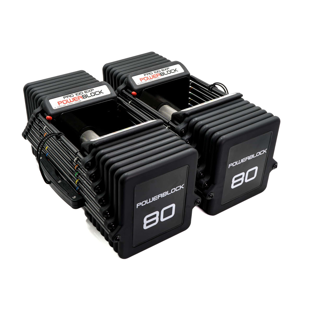 PowerBlock Pro 100 EXP with knurled steel grip at the 5 to 80 lb configuration