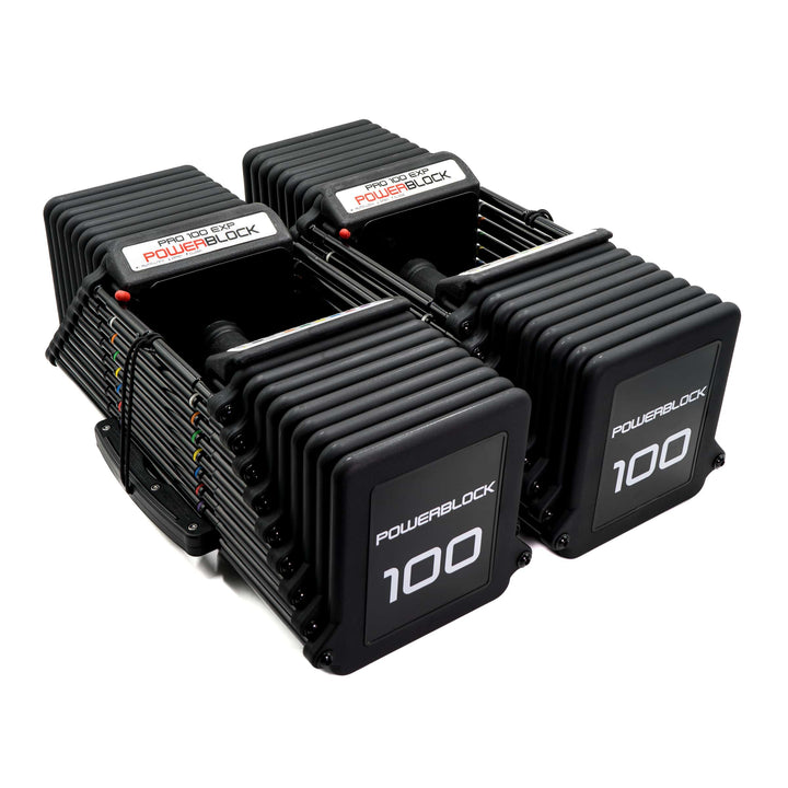 PowerBlock Pro 100 EXP with cushioned TPR grip at the full 5 to 100 lb configuration
