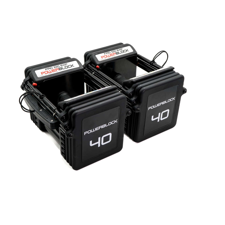 PowerBlock Pro 100 EXP with cushioned TPR grip at the 5 to 40 lb base configuration