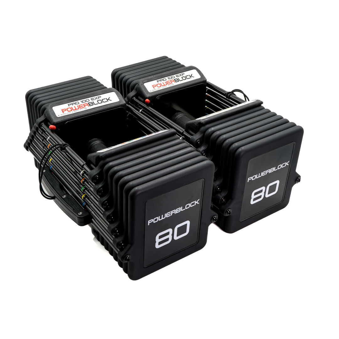 PowerBlock Pro 100 EXP with cushioned TPR grip at the 5 to 80 lb configuration
