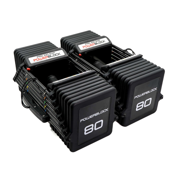 PowerBlock Pro 100 EXP with cushioned TPR grip at the 5 to 80 lb configuration