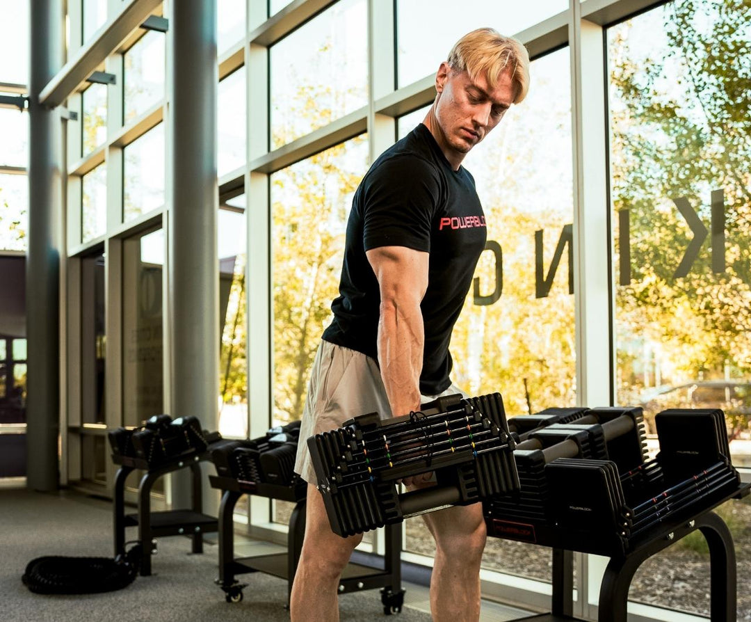 PowerBlock Commercial Pro 125 adjustable dumbbell set with the Pro Max Stand, 12.5 to 125 lb per hand